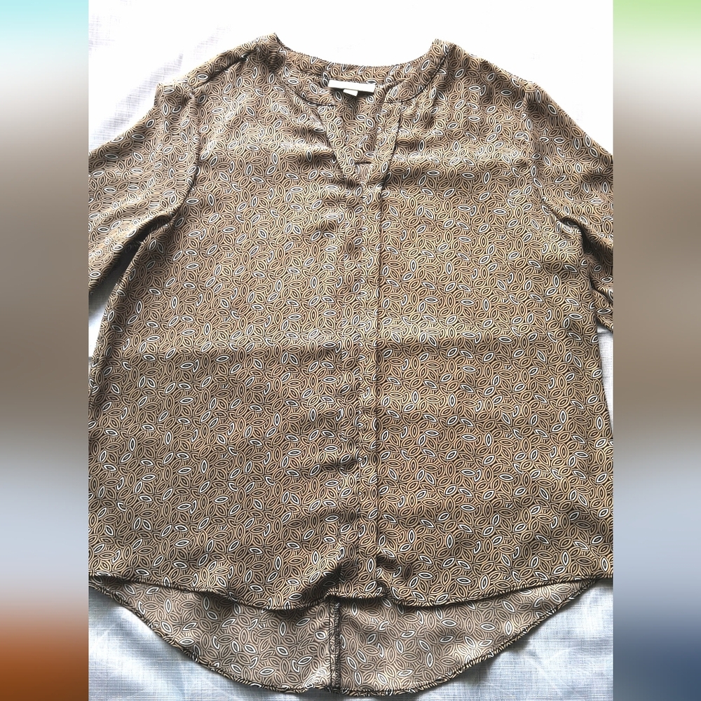 Dana Buchman Office Blouse Shirt with Tan Black White Accents - Picture 1 of 6